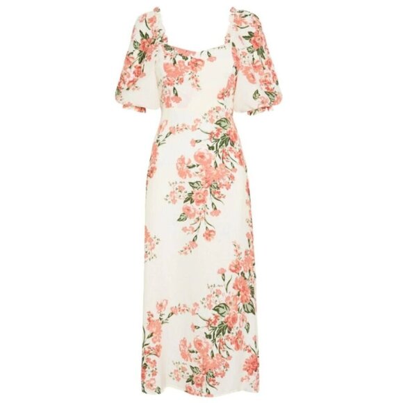 Faithfull The Brand Midi Dress Cream Pink Floral Short Puff Sleeve ALine Bronte - Picture 13 of 13